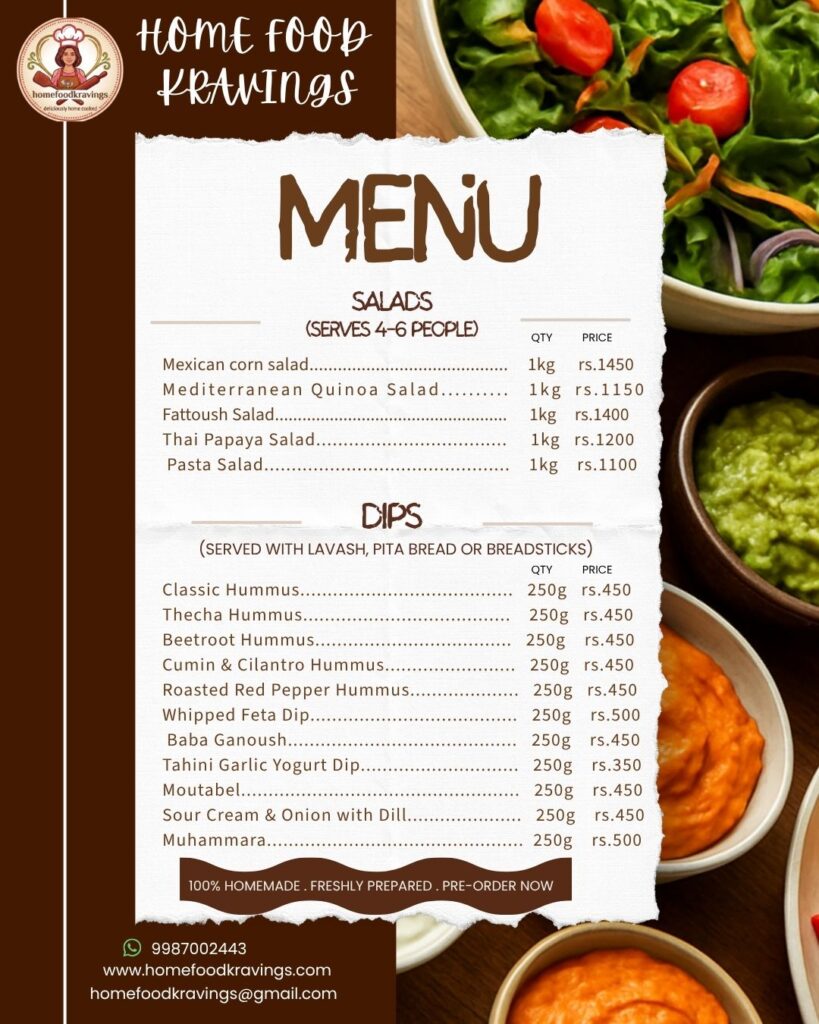 Salads and dips catering menu in Andheri with fresh ingredients