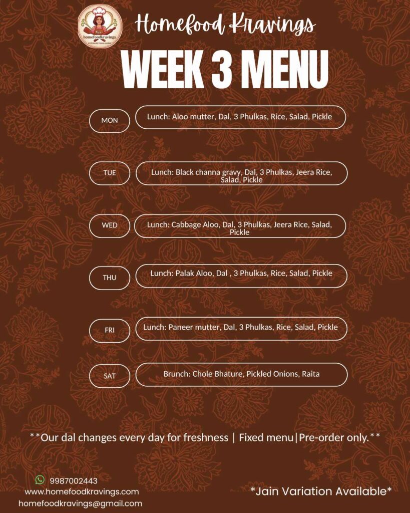 Week 3 tiffin service menu in Andheri with vegetarian meals